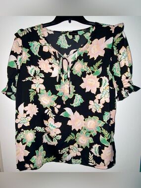 Who What Wear Black Floral Tie-Neck Blouse with Pink and Green Accents
